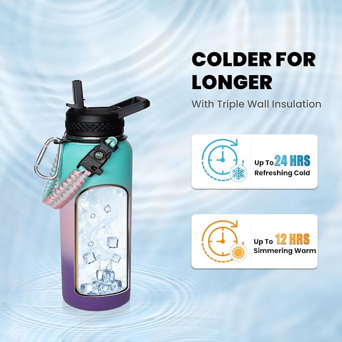 RAYMYLO Insulated Water Bottle 32 oz, Triple Wall Vacuum Stainless Steel (Cold for 24Hrs, Hot for 12Hrs), Leak Proof & Non-BPA, Modern Water Flask Jug with Paracord Handle & Straw Spout Lids