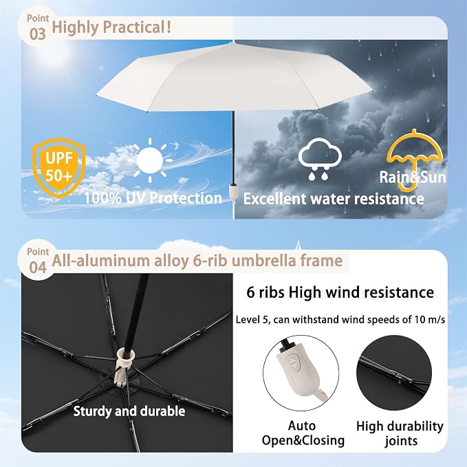 Ultra Lightweight Compact Umbrella 7.8 oz, Auto Open Close Folding Design for Sun & Light Rain, Mini Travel Accessory for Purse & Backpack, Portable UV Protection for Daily Commute, One-Person Use