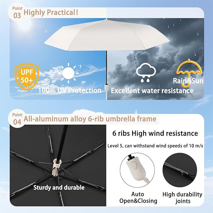 Ultra Lightweight Compact Umbrella 7.8 oz, Auto Open Close Folding Design for Sun & Light Rain, Mini Travel Accessory for Purse & Backpack, Portable UV Protection for Daily Commute, One-Person Use