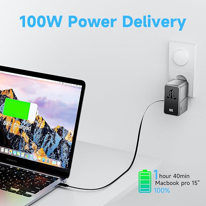 Minthouz Universal Travel Adapter, International 100W Power Adapter GaN Fast Charger with 2 USB-C PD, 1 USB-C Cable &A Ports, All-in-One Portable AC Power Plug Adapter for USA EU UK AUS