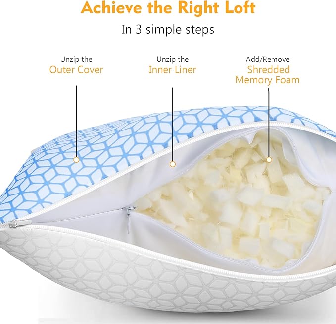 Love Attitude Bed Pillow Queen Size 1 Pack, Shredded Memory Foam Pillow Adjustable，Cooling Pillow Soft and Supportive for Side Back Stomach Sleepers