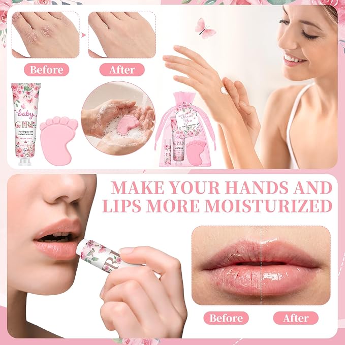 Loopeer 30 Set/150 Pcs Pink Flowers Baby Shower Favors for Guests Gifts Hand Cream Lip Balm Soap Party Favors Travel Size with Bags, Thanks You Card for Games Prizes Souvenirs
