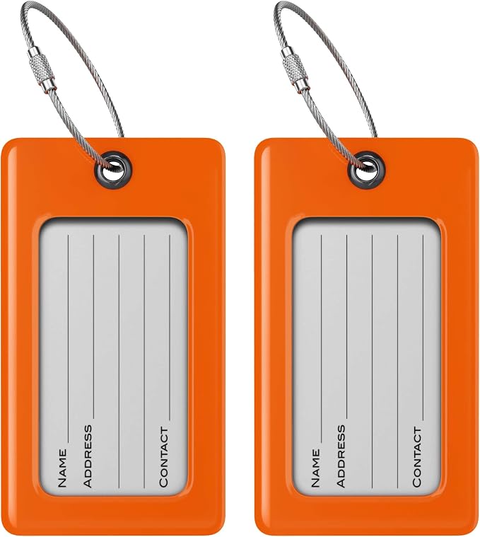 Luggage Tags Business Card Holder by TUFFTAAG - Flexible PVC Travel ID Bag Tag, Orange, 2 Pack