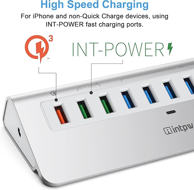 Powered USB Hub 10Gbps, 10 Port USB 3.2 Gen 2 Hub with 7 USB 3.2 Data Ports, 3 Fast Charging Ports, 36W Power Adapter, Type A and Type C Cable, Aluminum USB Hub for Laptop, Mac, PC