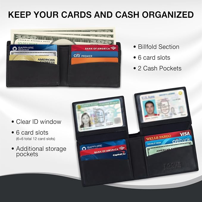 ROGUE WALLET Mens Leather RFID Blocking Wallet for Men - Genuine Top Grain Cow Leather Bifold, 12 Credit Card Slots, 2 ID Windows, Traditional Hip Pocket Billfold - Secure RFID Protection (Black)