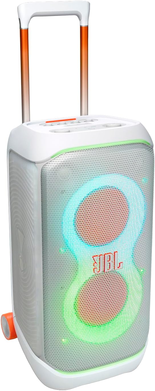 JBL PartyBox Stage 320 - Portable Party Speaker with Telescopic Handle & Wide, Sturdy Wheels, Powerful Pro Sound, Futuristic lightshow, Up to 18 Hours of Play time, Splash Proof (White)