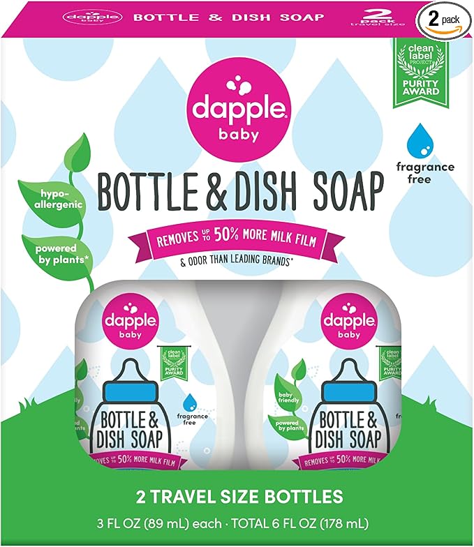 Dapple Baby Fragrance-Free Baby Bottle & Dish Soap - (2 Pack) 3 fl oz - Plant-Powered Cleaner for Bottles, Pump Parts, and Sippy Cups - Travel Size
