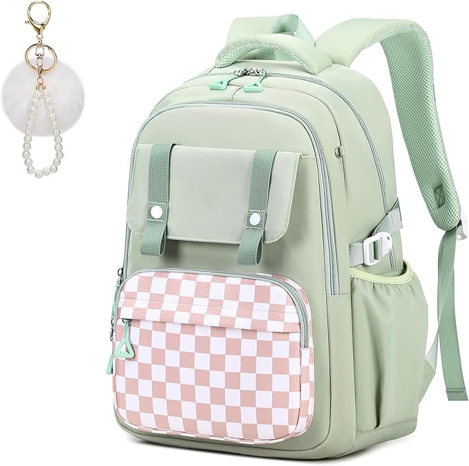 MUSEVOS Girls Backpack, Ideal School Backpack for Girls from Elementary to Teen Years, Kawaii Bookbag Cute Large Capacity, Checkered, Green