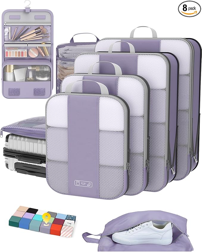 8 Set Compression Packing Cubes for Travel Essentials,Compressible Expandable Packing Cubes for Suitcase,OlarHike Luggage Garment Bags for Travel,Handy Helper for Organizing Clothes(Purple Gray)