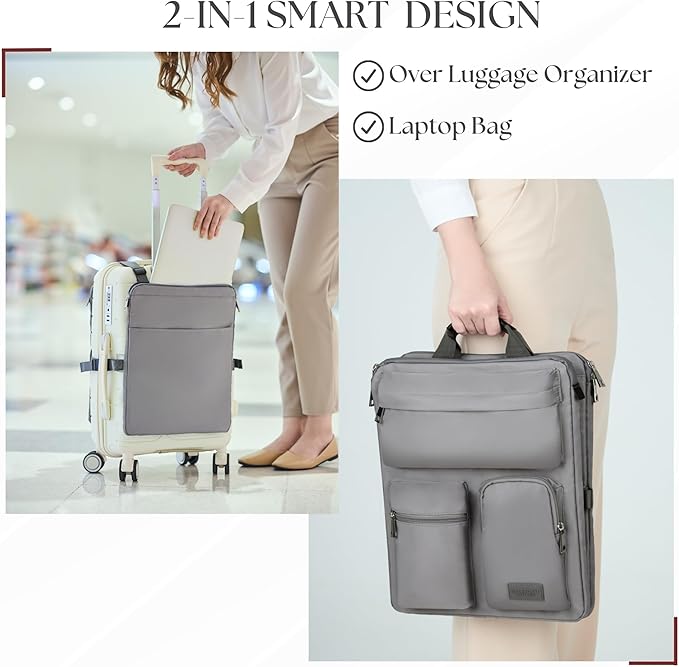 BAREFOOT CARIBOU Over Luggage Organizer for Carry On Bag or Suitcase with Storage Pockets, 16” Laptop Sleeve with Handle, Travel Accessories Bag Slide On Luggage Harness with Adjustable Straps (Grey)