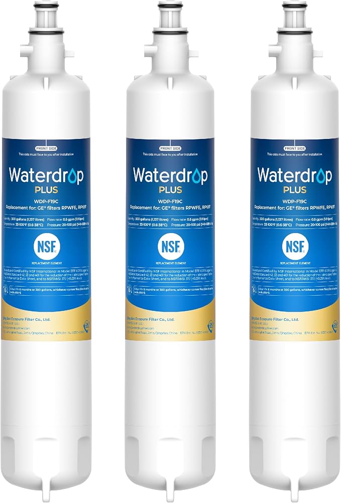 Waterdrop Plus WDP-F19C Replacement for GE® RPWFE®, RPWF (with CHIP) NSF 401 Refrigerator Water Filter, Compatible with WSG-4, GFE28GBLTS, GFE28GSKSS, PFE28KMKES, 3 Pack (Packaging May Vary)