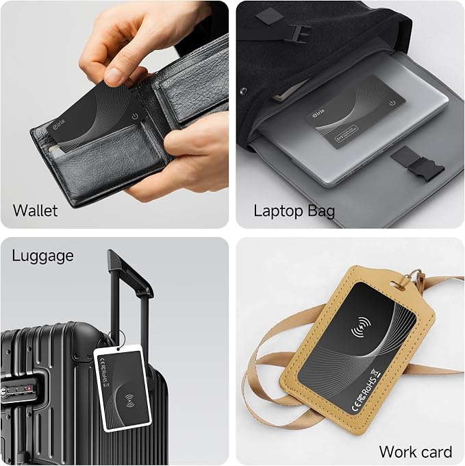 2026 [Apple MFi Certified] (iOS Only) Wallet Tracker Card, Rechargeable Thin Finder, Works with Apple Find My, IP68 Waterproof Item Locator for Luggage Tags, Passports, Phone (Black, 4 Pack)