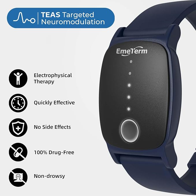 EmeTerm Explore Classic FDA-Cleared Anti-Nausea Wristband IP67 Waterproof Morning Motion Sickness Relief Band Rechargeable Classic Strap Design Drug Free Non-drowsy Without Side Effects Navy Blue