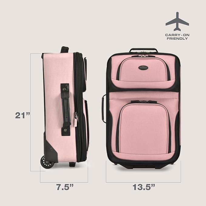 U.S. Traveler Rio Lightweight Softside Rolling Carry-on Suitcase, 2-Wheel Single, Pink