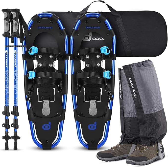 Odoland 21/25/30 Inch Snowshoes with Trekking Poles for Men Women Youth, Waterproof Snow Leg Gaiters and Carrying Bag, Lightweight Aluminum, Heel Lift, Snow Shoes Easy to Wear