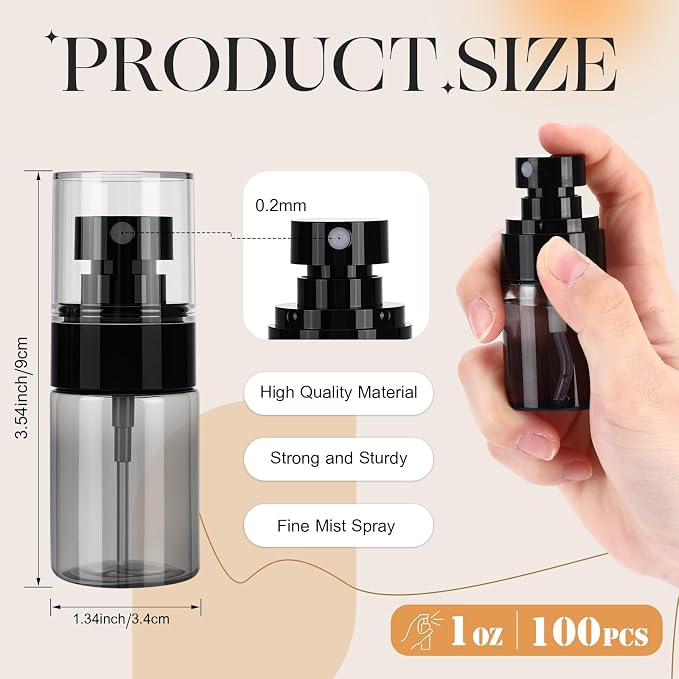Black 100 Pack Fine Mist Spray Bottle Bulk, 1oz Small Plastic Leak Proof Fine Mist Mini Spray Bottles Refillable Empty Travel Mister Sprayer Bottle for Hair, Cleaning, Essential Oils, Face