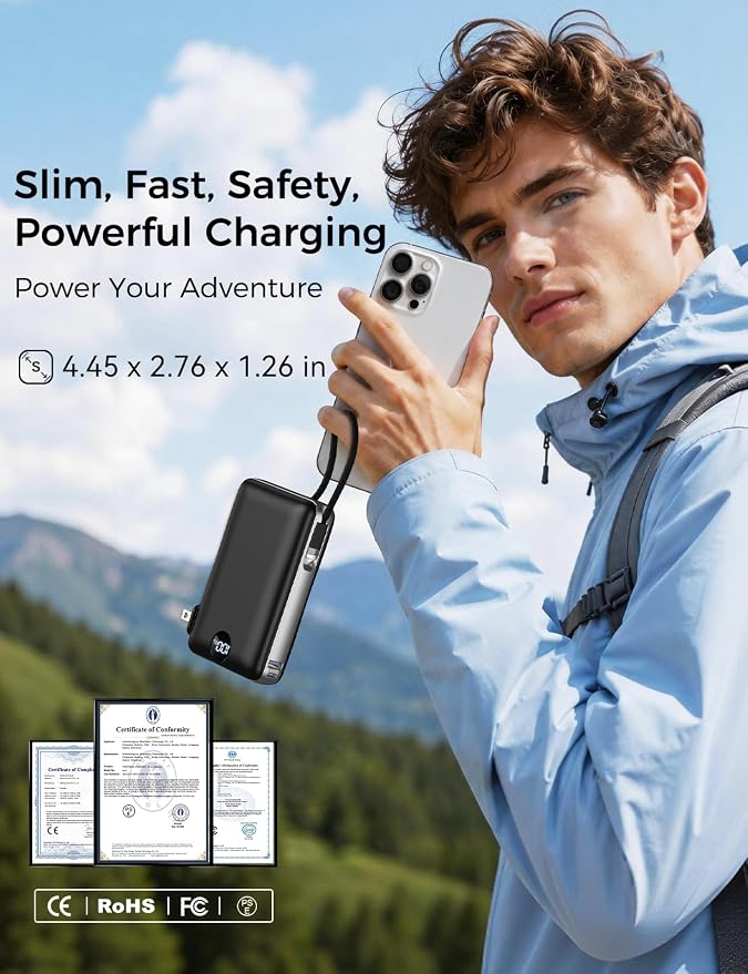 Portable Charger Power Bank 50000mAh Massive Capacity, Built-in Wall Plug USB-C & iOS Cables, 22.5W Fast Charging Battery Pack with LED Display, Travel Essential for Camping, iPhone, Samsung Black