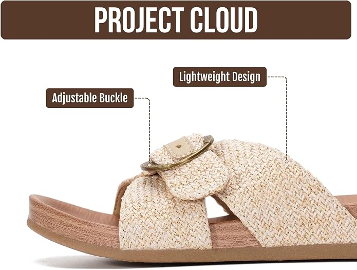Project Cloud Womens Sandals - Adjustable Buckle Sandals for Women 2026 with Plush Insole - Lightweight & Non Slip Slides for Women Footwear