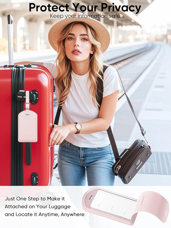 Luggage Tags Built-in Anti-Loss Tracker, Luxury Leather Luggage Tags for Suitcase, Travel Bags, Backpacks, Travel Organizer for Lost Baggage Prevention (Pink*2 Pack)