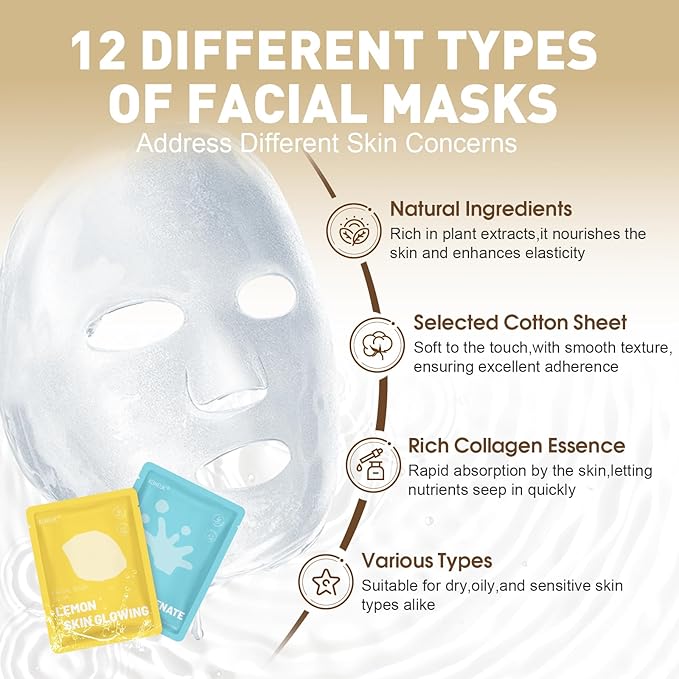 KONEUK 120 Pack Collagen Essence Sheet Face Masks Skincare, Moisturizing & Hydrating Face Mask for Skin Care, Bulk Face Masks for All Skin Types, Spa Party Gifts for Women (12 Types x 10 Pcs)