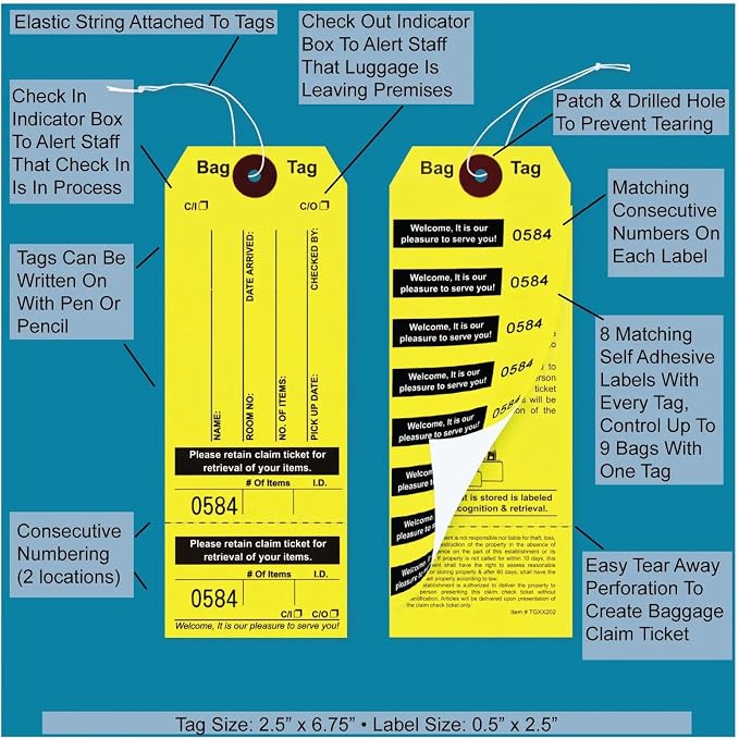 1000 Yellow Bag Claim Check Tags with Elastic String, Printed in Black Ink with 8 Labels & Matching Numbers for Multiple Bags. Hotel Bag Tags for Organizing Luggage. Size: 6 3/4" (H) x2 1/2" (W).