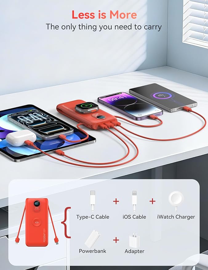 Portable Charger, 10000mAh 20W Fast Charging Power Bank with Built in Cables & AC Wall Plug & LED Display, Travel Essentials Battery Pack Powerbank for iPhone, iPad, iWatch, Samsung, Red