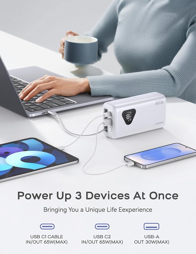 RORRY Laptop Power Bank, 25000mAh 65W Portable Laptop Charger Battery Bank PD Fast Charger Built in Retractable Cables, for iPhone 17/16/15 Series, MacBook, Samsung, Dell, XPS, iPad, Steam Deck, White