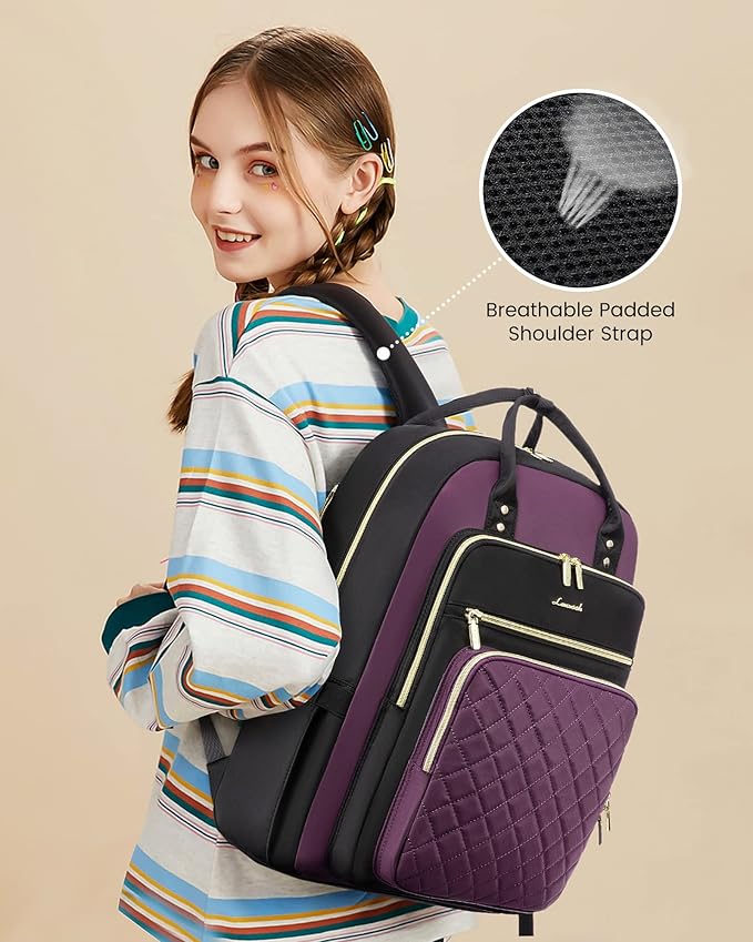 LOVEVOOK Lunch Backpack for Women, 15.6 Inch Laptop Bag with Insulated Cooler Lunch Box, Work Backpack for Teacher Nurse, Travel Backpack Lunch Bag for Camping Picnic Daily Use, Purple Black