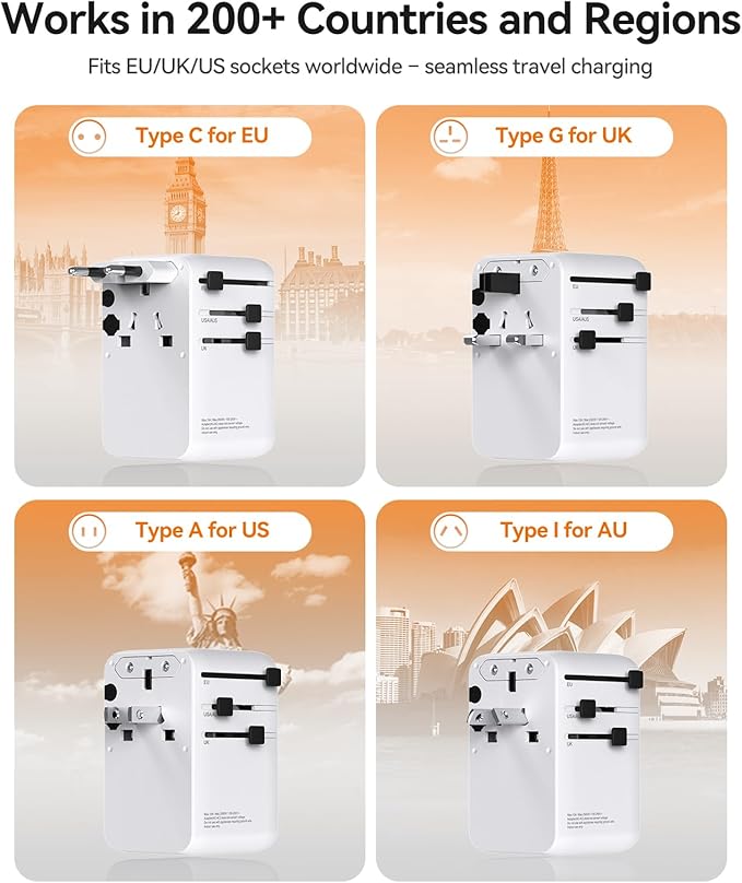ORICO Universal Travel Adapter 100W GaN International Power Adapter with 2 AC, 3 USB-C and 2 USB-A Ports, Built-in Retractable USB-C Cable, European Travel Plug Adapter for Eu US UK AU &200+ Countries