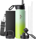 Coolflask Water Bottle 20 oz Insulated with Straw, Stainless Steel Metal 3 Lids Water Flask Wide Mouth for Sports or Office, Non-BPA Keep Cold Up to 48 Hrs or Hot Up to 24 Hrs, Ombre Green