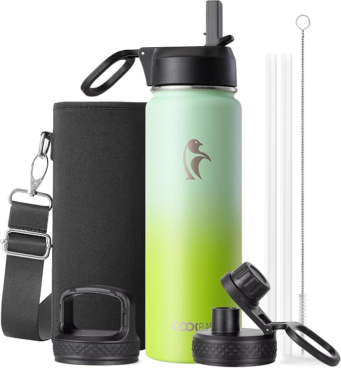 Coolflask Water Bottle 20 oz Insulated with Straw, Stainless Steel Metal 3 Lids Water Flask Wide Mouth for Sports or Office, Non-BPA Keep Cold Up to 48 Hrs or Hot Up to 24 Hrs, Ombre Green