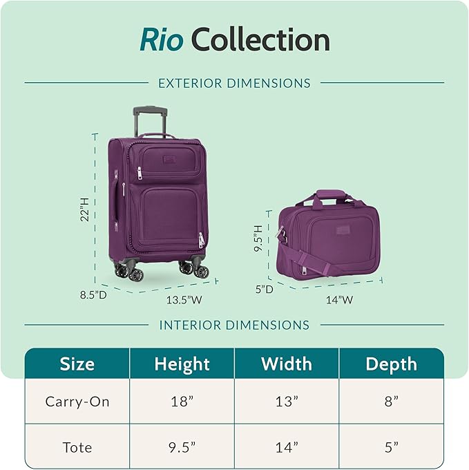 U.S. Traveler Rio Lightweight Softside Rolling Carry-on Suitcase, 4-Wheel Set, Purple
