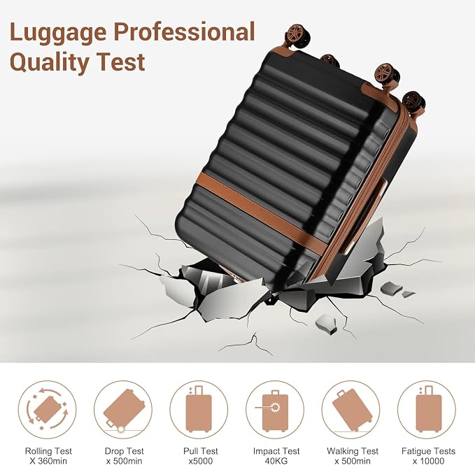 Kono Luggage Set 3 Pieces Expandable PC ABS Durable Suitcase Hardside with Double Spinner Wheels Tsa Lock Black Brown(20in/24in/28in)