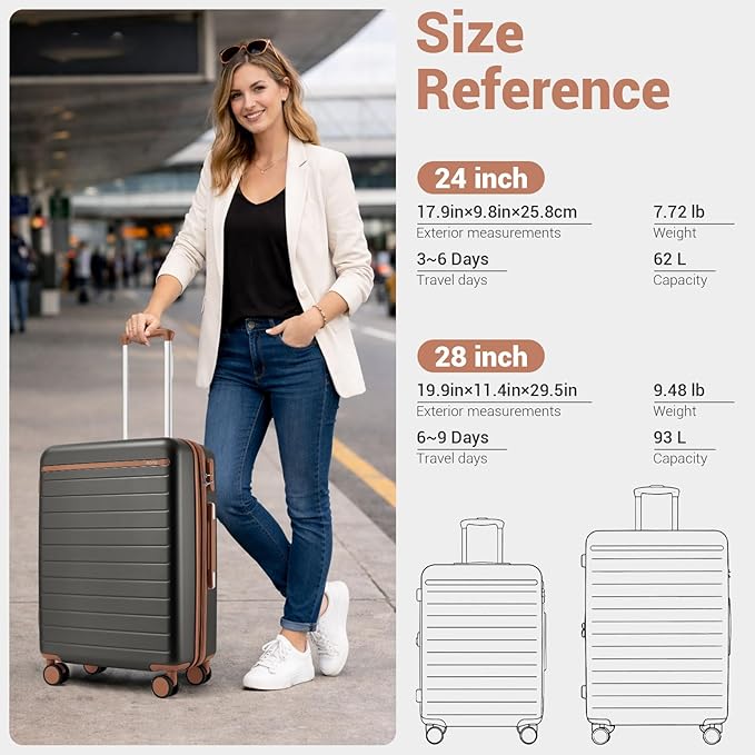 Kono 24 Inch Check In Suitcase Expandable Luggage, Business Travel Suitcase for 5-7 Days, Durable ABS+PC Hardshell with Side Handles & Kick Plates, Double Spinner Silent Wheels, Grey/Brown