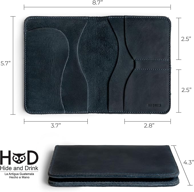 Hide & Drink, Double Passport Cover with Slots for Bills and Keys, Rustic Case, ID Organizer, Full Grain Leather, Handmade Accessories, Slate Blue