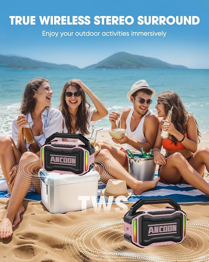 ANCOON Speakers Bluetooth Wireless: 80W(Peak) Loud Speaker with Bass, 20H Playtime, IPX6 Waterproof, Large Jobsite Speakers for Work, Outdoor, Workshop, Garage, Portable Speaker with TWS (Pink)