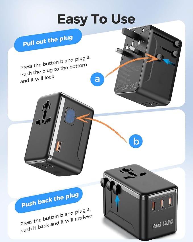 JMFONE 140W GaN Universal Travel Adapter with 2500W AC Outlet, International Power Adapter for Europe UK US AU, 3 USB-C & USB-A Fast Charger for MacBook, iPhone, Laptop and More in 200+ Countries