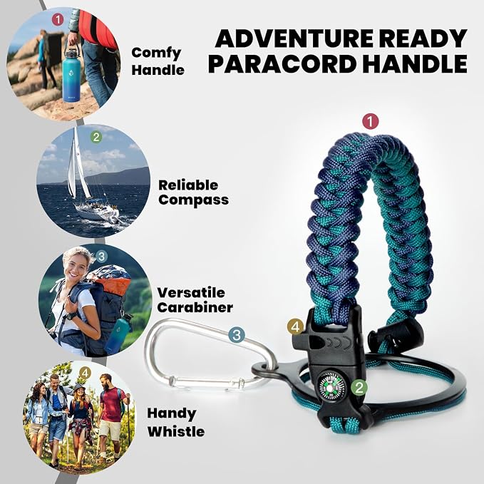 RAYMYLO Insulated Water Bottle 87 oz, Triple Wall Vacuum Stainless Steel (Cold for 48 Hrs), Leak Proof & Non-BPA, Modern Water Flask Jug with Paracord Handle & Straw Spout Lids, Cyan Blue