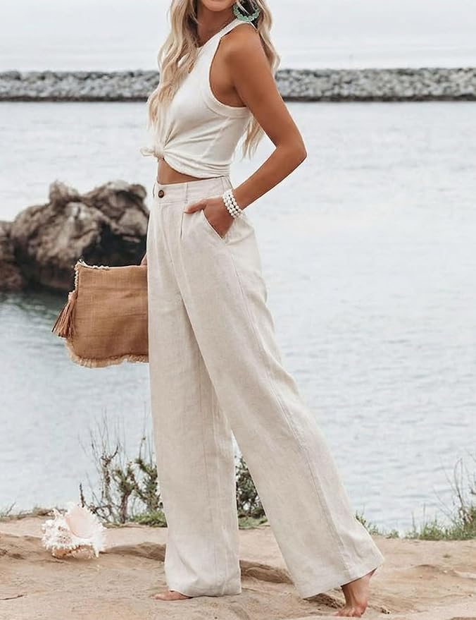 Hooever Womens Cotton Linen Pants Casual Button Up High Waisted Wide Leg Trousers