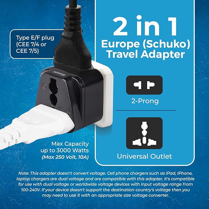 OREI USA to Europe (Schuko) Travel Adapter Plug - 2 in 1 Type E/F Plug Adapter Perfect for Laptop, Camera Charger & More - CE Certified - RoHS Compliant - 2 Pack - Black Color