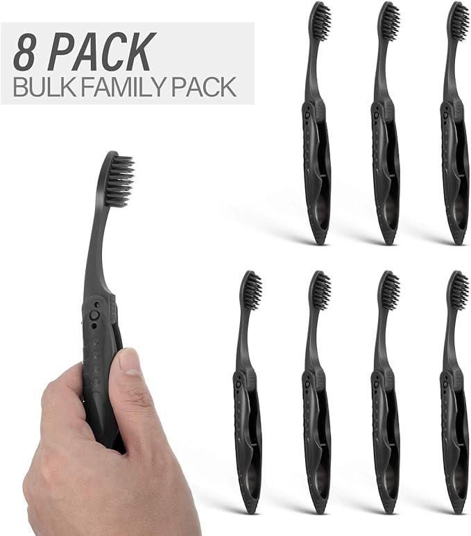 Boao 8 Pack Travel Toothbrushes, Individually Wrapped Folding Charcoal Brushes with Soft Medium Bristles, Portable Collapsible Oral Care Tools for Camping, Business Trips