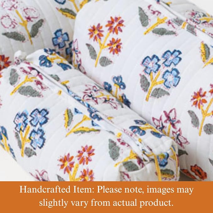 Saffron Marigold Quilted Makeup Bag Set of 3, Hand Block Printed Cotton Cosmetic Bags for Women, Waterproof Lined Travel Toiletry Bag, Coquette Floral Aesthetic, Handmade Gift, Wildflower Fields