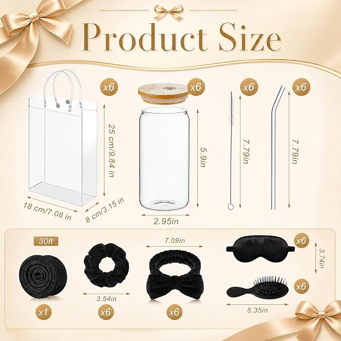 37 Pcs Party Supplies for Girls, 6 Kit Girls Birthday Gifts Including Glass Cups, Hairbands, Sleep Eye Mask, Headband, Brush, Tote Bags with Ribbon for Women Black Spa Sleepover Party Favor