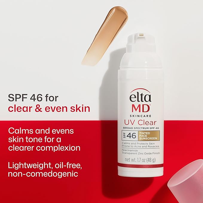 EltaMD UV Clear Tinted Sunscreen for Face, SPF 46 with Zinc Oxide, Oil-Free, Dermatologist Recommended, For Acne-Prone Sensitive Skin, 1.7 oz
