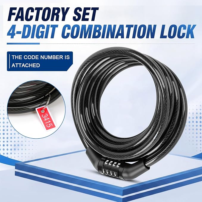 Hotop 6 Feet Bike Lock Cable with Combination, Coiled Preset Bike Lock High Security 4 Digit Bicycle Locks Anti Theft Bikes Accessories Black Bicycle Cable Locks, 5/6 Inch Diameter(10 Pcs)