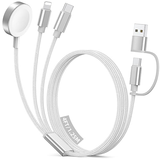 Travel Essentials for Apple Watch Charger,iPhone Charger,3 in 2 Type C/L/Magnetic Fast Charging Cable,Multi Charging Cable Portable Designed for iWatch Series,iPhone 17-11,Galaxy S26-S21,Car-White