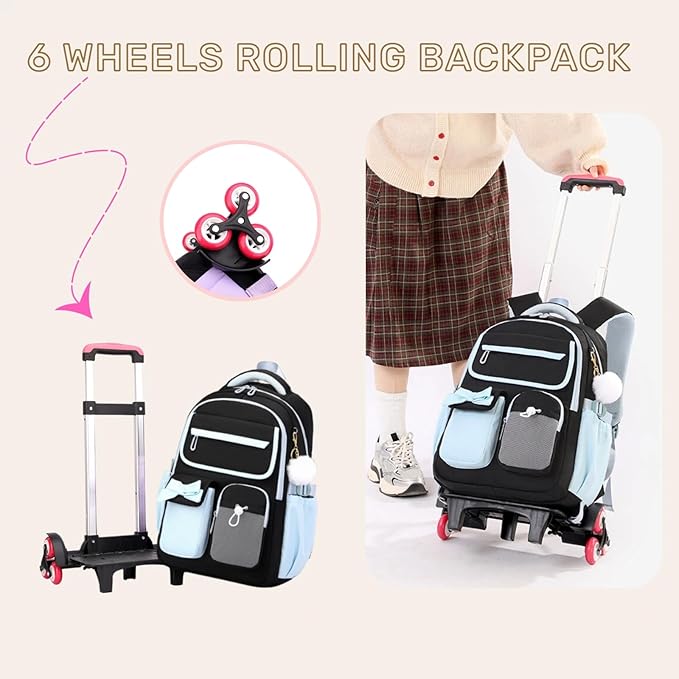 Rolling Backpack for Girls Kids Trolley Rolling School Bag Wheeled Backpack for Elementary School Roller Bookbags on 6 Wheels, Black Blue