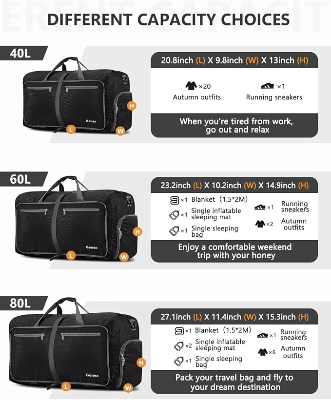 Gonex Large Foldable Travel Duffle Bag with Shoes Compartment, Packable Lightweight Water Repellent Duffel Bag for Camping Gym Weekender Bag