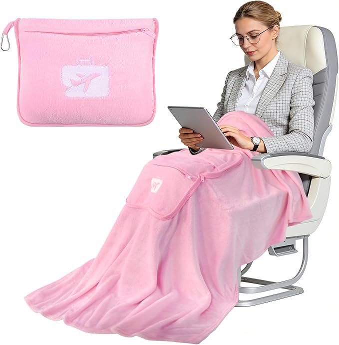 SINLAND Travel Pillow and Blanket 2-in-1 Set,Airplane Packable Bag,Soft and Lightweight Plane Flight Car Trips Travel Essentials Gift,Hand Luggage Sleeve and Backpack Clip,60x53 Inch Pink