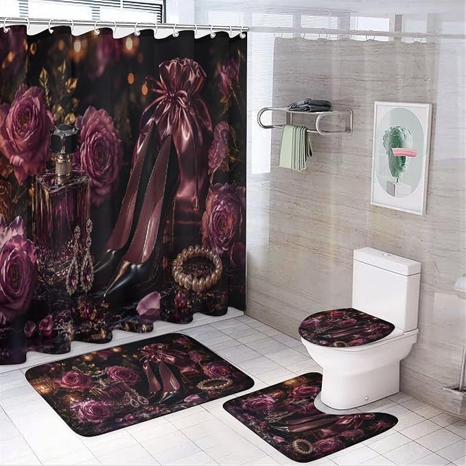 Elegant Purple Roses and Jewelry Bathroom Rug Set 4 Piece with Shower Curtain Non Slip Bath Mat Set Microfiber Bathroom Decor Toilet Lid Cover U Shape Rug Waterproof Bathroom Accessories
